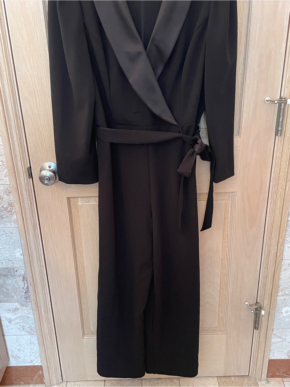 Adrianna Papell Black Satin-Trim Wrap Jumpsuit - Picture 13 of 14